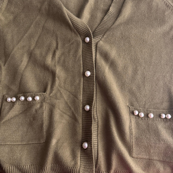 Womens XXL My Danielle Olive Green Cardigan Sweater Pearl embellishments pockets - Picture 4 of 8